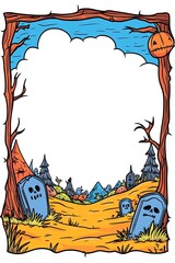 Halloween frame with a graveyard, a jack-o-lantern, and a blue sky with a white cloud.