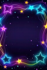 Obraz premium Neon stars and wavy lines frame a dark blue background with a copy space.