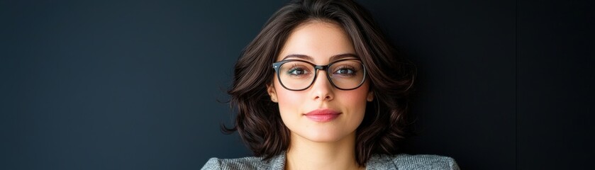 Fototapeta premium Confident woman with glasses against dark background.