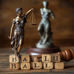 Justice statues, wooden blocks spelling BALL, courtroom