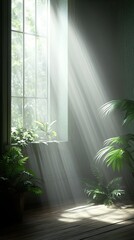 Fototapeta premium Sunlight streams through a window in a room with plants, illuminating the wooden floor.