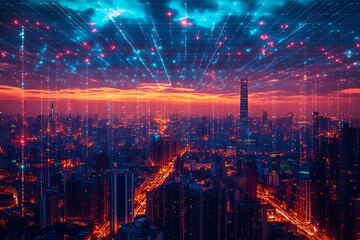 Obraz premium Cityscape at dawn with digital network