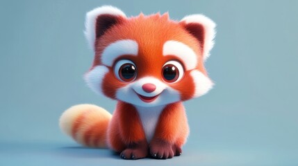Fototapeta premium Adorable cartoon red panda, sitting, looking directly at the viewer, soft fur, cheerful expression, childlike features, fluffy tail.