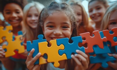 Group of diverse elementary school students holding colorful jigsaw puzzle pieces, promoting inclusion and understanding on autism awareness day