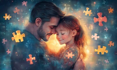 Father and daughter share a tender moment, surrounded by puzzle pieces, symbolizing autism awareness and acceptance