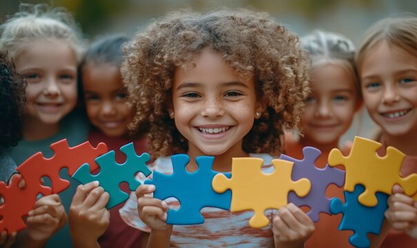 Diverse group of smiling children holding colorful puzzle pieces, promoting autism awareness, acceptance and inclusion