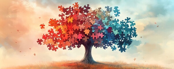 Tree with colorful jigsaw puzzle pieces for leaves representing neurodiversity and autism awareness
