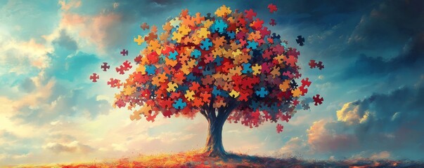 Vibrant tree composed of puzzle pieces represents neurodiversity and autism awareness, promoting acceptance and understanding