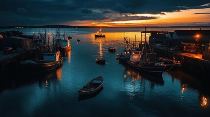 Fototapeta premium Fishing Boats Docked at Sunset Harbor Scene