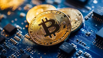 Golden Bitcoin coins on circuit board