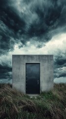 Mysterious concrete door in a stormy landscape with dark clouds