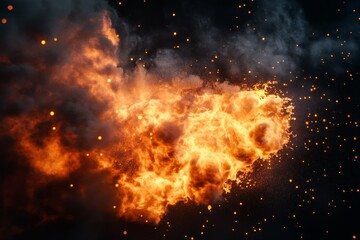 Fiery explosion, dark night sky backdrop, intense flames, smoke