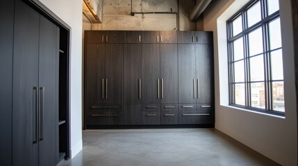 Obraz premium Modern Minimalist Interior with Stylish Dark Storage Cabinets