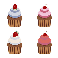 Flat style illustration of four cupcakes with colorful frosting and fruit toppings, ideal for bakery branding, dessert-themed projects, food packaging, and sweet treat decorations.