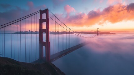 Obraz premium Golden Gate Bridge sunrise, fog, clouds, city.
