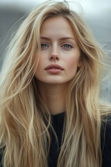 Naklejka premium A stunning portrait of a young woman with flowing blonde hair captured in a natural outdoor setting.