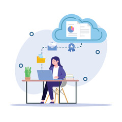 Woman using laptop with cloud data and document management system