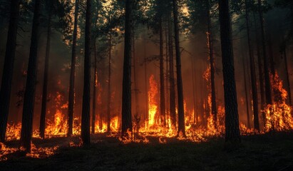 Naklejka premium Forest fire raging through pine trees at dusk
