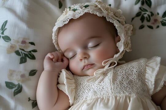 Peaceful Baby Sleeping with Bonnet on Floral Sheets - AI Generated