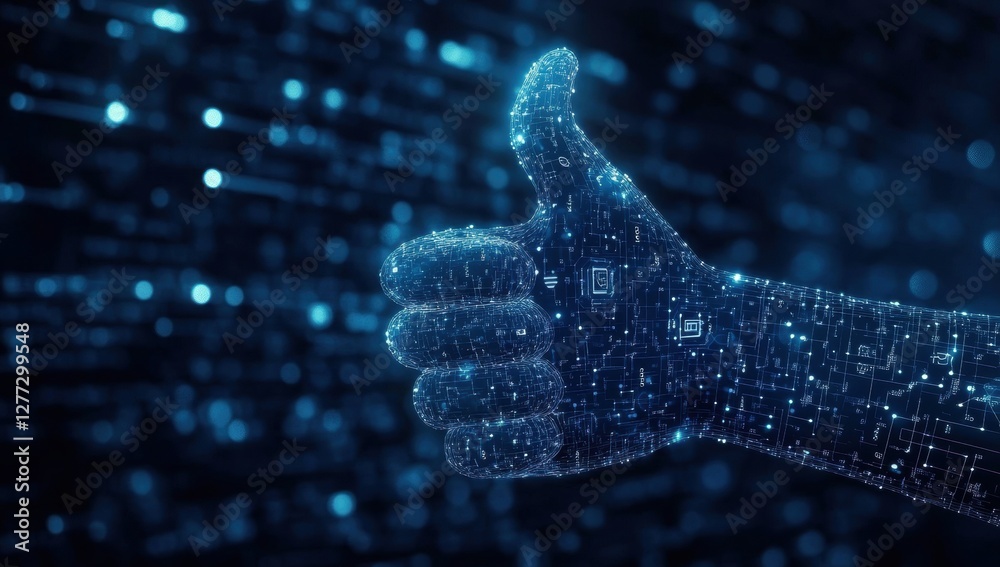 Wall mural thumbs up icon on a dark blue digital background with binary code and circuit board elements, symbol
