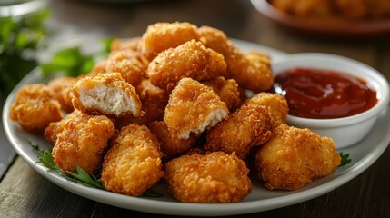 Crispy Golden Chicken Nuggets Served with Red Ketchup Dip