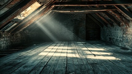 Sunlight Streams Through Dusty Attic with Wooden Floorboards