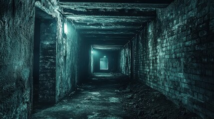Dark Abandoned Underground Corridor with Dramatic Lighting Effects