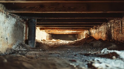 Dark and Dusty Crawl Space Under a House with Exposed Beams