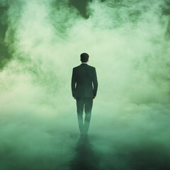 Mysterious figure walking in fog abandoned location conceptual photography dark environment atmospheric viewpoint