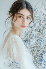 A serene portrait of a young woman amidst delicate blue flowers and soft light, conveying beauty and tranquility.