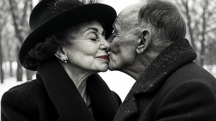 Elderly couple shares a tender kiss in a snowy park on a chilly winter afternoon