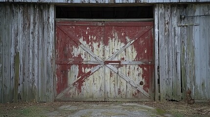 Rustic Red Barn Door with Weathered Wood and Peeling Paint