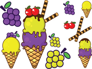 Illustration of delicious ice cream with cerry fruit topping