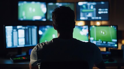 Night Shift:  A Sports Analyst's Focused Concentration Amidst Multiple Screens Displaying Game Data and Footage.