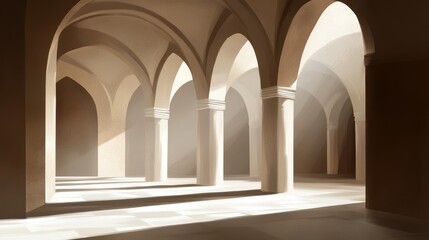Serene Light Filtering Through Arched Columns in a Minimalist Hallway