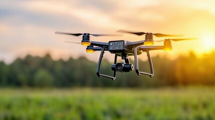 Aerial View of a Drone Capturing Stunning Landscapes with Sunset Background and Lush Greenery in the Distance