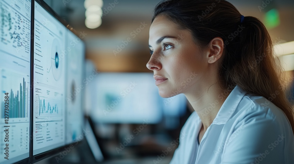 Poster thoughtful professional woman analyzing data on multiple computer screens in a modern office environ