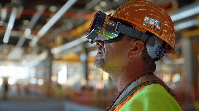 Construction worker using VR headset, inside large industrial building. Possible use Stock photo for industrial technology, innovation, or safety
