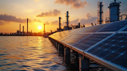 Fototapeta premium Reflection of Solar Panels in Water at Sunset with Industrial Background Showcasing Renewable Energy Transition and Urban Development