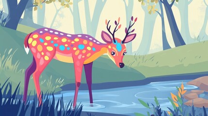 Obraz premium Colorful Abstract Deer in Serene Nature with Stream and Trees