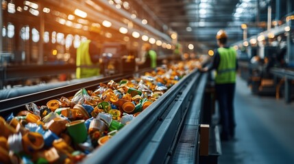 Worker in Safety Vest Managing Waste Sorting Process at Recycling Facility with Overflowing Conveyor Belt of Mixed Plastic and Metal Containers