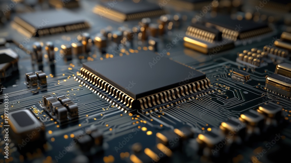 Poster detailed macro view of modern microchip and electronic circuit board with complex pattern and glossy