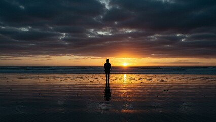 Fototapeta premium Lone figure walking on sunset beach