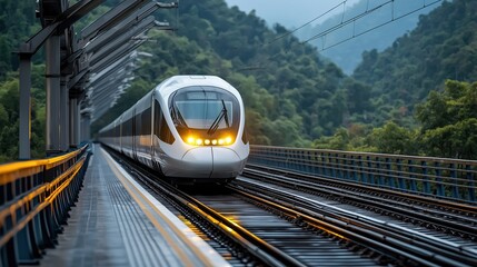 Fototapeta premium Modern High-Speed Train Traveling Through Lush Green Mountains on an Overcast Day with Tracks Leading into the Distance
