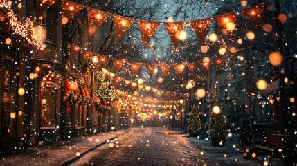 Charming Winter Street Scene with Lights and Decorations at Night