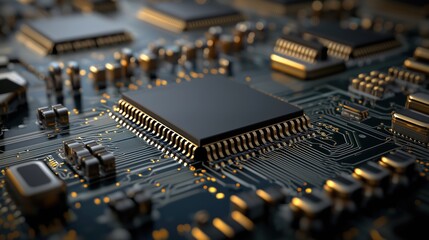 Detailed Macro View of Modern Microchip and Electronic Circuit Board with Complex Pattern and Glossy Finish, Suitable for Technology Related Projects