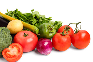 Fresh ripe vegetables on white background, closeup