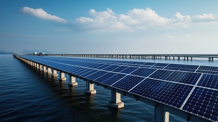 Naklejka premium Solar Panels on a Pier Over Water Reflecting Blue Sky and Clouds in a Sustainable Energy Concept for Clean Power Generation and Environmental Protection