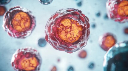 Fototapeta premium Aging cells magnified under a microscope in a scientific lab. Featuring biological aging and cell degradation
