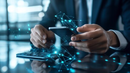 Businessman using smartphone with digital network overlay